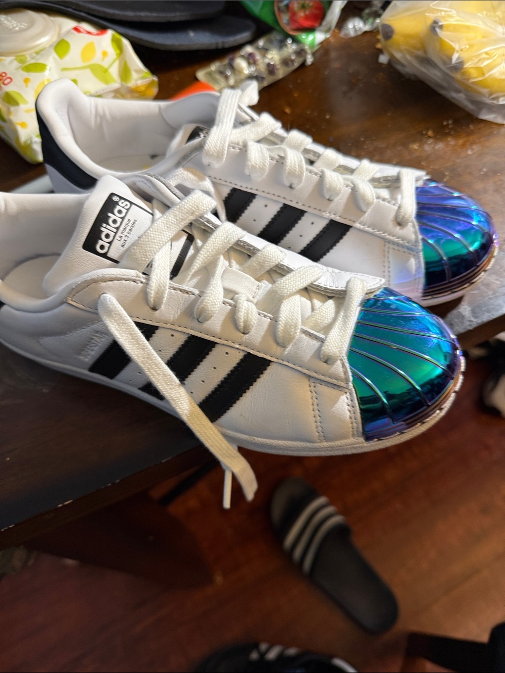 Adidas Kids White Sneakers with Iridescent Blue Shell Toe